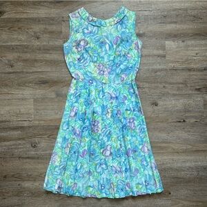 VTG 50s Blue and Purple Floral Sleeveless Cotton Dress